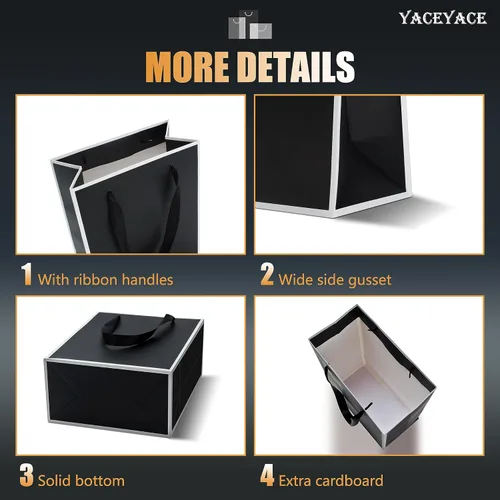 Vista 4 de YACEYACE Bolsas de regalo negras con asas, 10 bolsas a granel de 8 x 4 x 10.5 pulgadas para fiestas, cumpleaños, bodas, venta al por menor