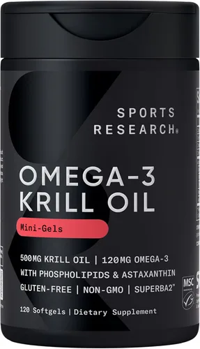 Vista 2 de Sports Research® Aceite de krill antártico Omega-3 Mini-cápsulas blandas de 500 mg con fosfolípidos, colina, astaxantina, aceite de pescado omega-3