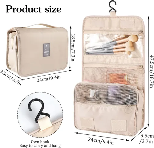Vista 2 de Pengxiaomei Neceser para mujer, bolsa de cosméticos impermeable para colgar, bolsa portátil de maquillaje de viaje, bolsa de baño con asa Beige