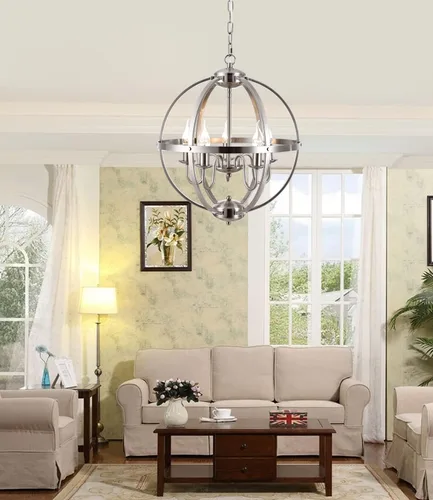 Vista 5 de Moderna lámpara de comedor con 5 luces de esfera de níquel cepillado para comedor y sala de estar, vestíbulo y cocina, pasillo y entrada..