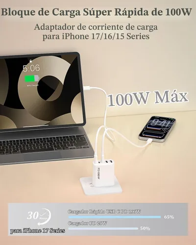 Vista 2 de 100W 5-Port USB C Charging Blocks for iPhone 17 Charger Fast Charging 2Pack