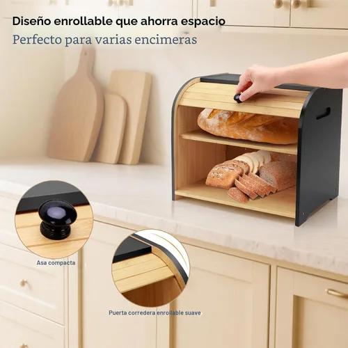 Vista 5 de Panera para Encimera de Cocina, Contenedor de Almacenamiento de Pan de Bambú de Doble Capa para Pan Casero, Panera con Tapa Enrollable con 3 Alturas
