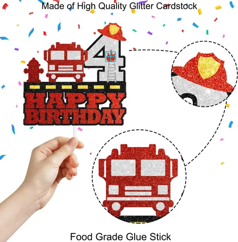 Vista 3 de Decoración para pastel de fuego de 4º cumpleaños – Sombrero de hidrante de escalera de camión temática para fiesta de cumpleaños SugarGera