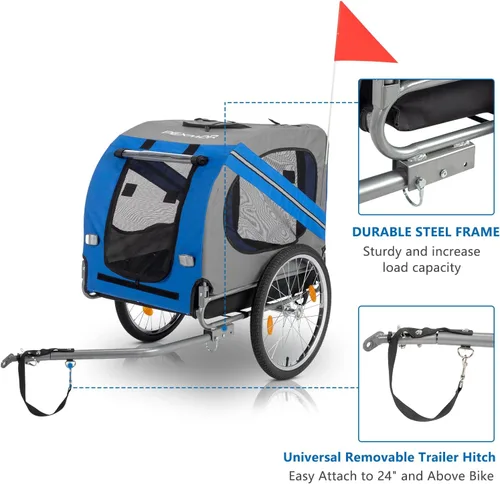 Vista 5 de PEXMOR Remolque de bicicleta para perros, carrito plegable para mascotas con enganche universal, transporte de carga para perro y ruedas de Azul