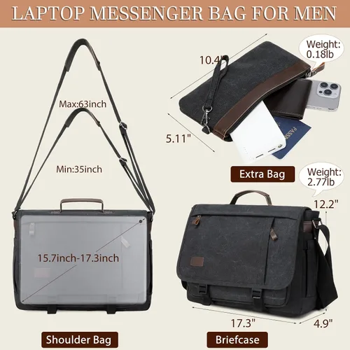 Vista 2 de Bolso de Mensajero de 17.3 Pulgadas para Hombre: 2 Piezas Bolso para Laptop de Cuero PU y Tela de Lona Maletín de Trabajo Grande para Oficina