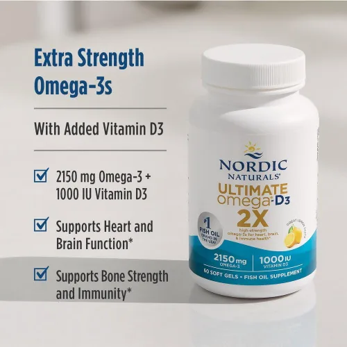 Vista 4 de Nordic Naturals Ultimate Omega 2X con vitamina D3, sabor a limón, 60 geles blandos, 2150 mg de omega-3 + 1000 UI D3, aceite de pescado omega-3, EPA
