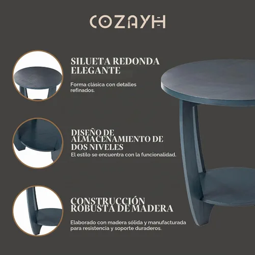 Vista 5 de COZAYH Mesa auxiliar rústica de granja con estante de almacenamiento, mesa lateral redonda moderna de estilo campestre francés para espacios Azul