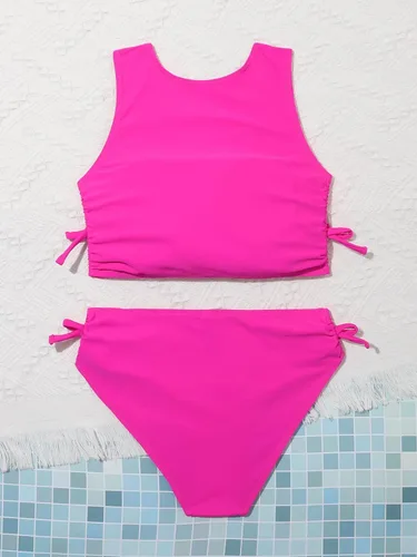 Vista 2 de Romwe Traje de baño de 2 piezas para niña con cordón lateral conjunto de bikini sólido