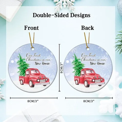 Vista 5 de Adornos redondos de cerámica para Navidad, camión rojo de Navidad, nuestra primera Navidad en nuestro nuevo hogar, adornos para árbol de Navidad