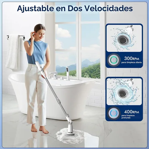 Vista 2 de Marchpower Limpiador eléctrico giratorio, cepillo de limpieza inalámbrico con 6 cabezales de cepillo reemplazables, 2 velocidades, mango desmontable