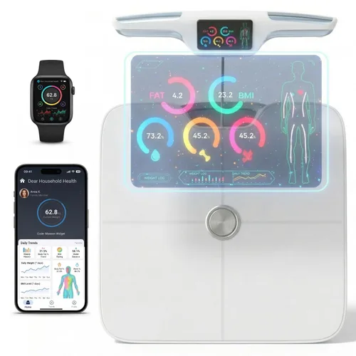 Vista 10 de Báscula de peso corporal digital inteligente de alta calidad, 4 electrodos, 25 + métricas, recargable, WiFi y Bluetooth, análisis de cuerpo