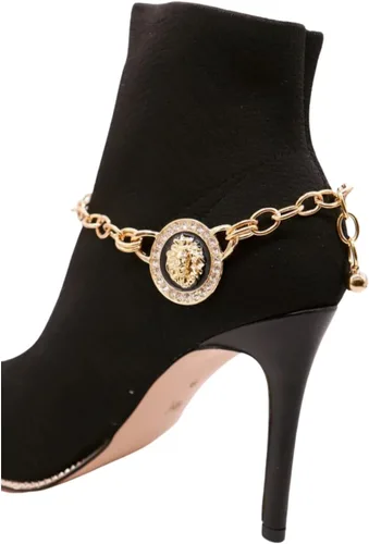 Vista 9 de Trendy Fashion Jewelry Cadena de bota occidental para mujer, pulsera de metal dorado, tobillera de tacón alto, moneda de león, medallón con dije