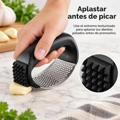 Vista 3 de Rocker Prensa de ajo, acero inoxidable 304, pelador y cepillo, negro