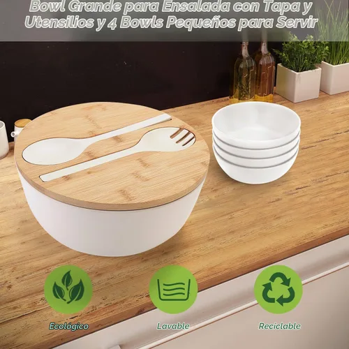 Vista 2 de ShineMe Juego de Ensaladera, Ensaladera Grande de 9.8 Pulgadas con Tapa, Ensaladera de Bambú con Juego de 4 Cuencos Pequeños para Snacks y Blanco