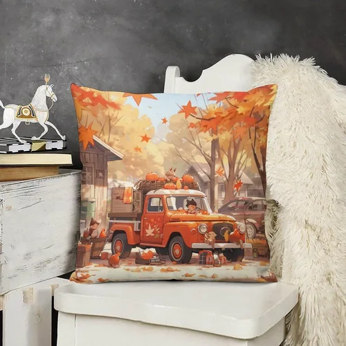 Vista 10 de Funda de cojín decorativa de árbol de arce y camión de Acción de Gracias, otoño, Acción de Gracias, calabaza, fundas de cojín cuadradas suaves