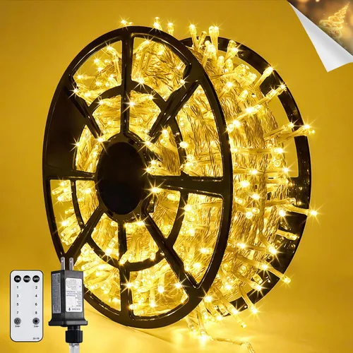 Vista 33 de JMEXSUSS 150 luces LED azules de Navidad para interiores y exteriores, luces de cadena conectables de 59 pies con enchufe, 8 modos de luces de hadas