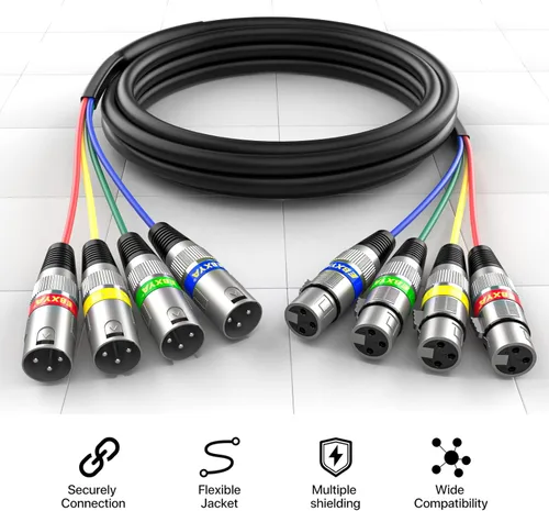 Vista 2 de EBXYA Cables XLR de serpiente de 3 pies de 4 colores, cable de micrófono XLR macho a hembra de 4 canales, para grabación en vivo, estudios