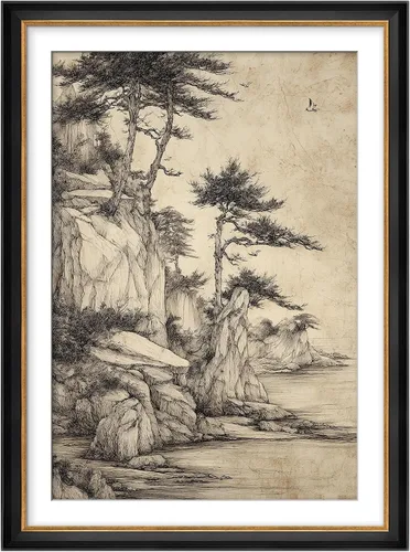 Vista 274 de MUDECOR Lienzo enmarcado prémium para pared, pinos nevados en bosque de invierno, ilustraciones modernas, arte contemporáneo, escénico, divertido
