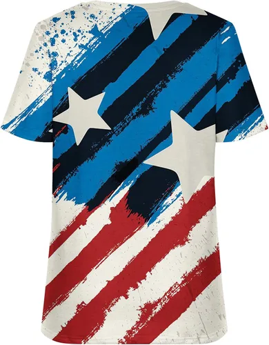 Vista 4 de Camisetas de verano para mujer, cuello en V, diseño de rayas de estrellas, camisetas básicas de manga corta para el Día de la Independencia