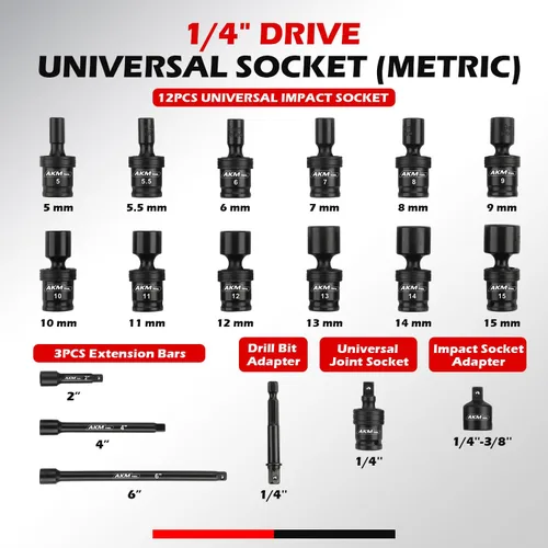 Vista 2 de Juego de enchufes de impacto universal de 1/4" de accionamiento, juego de enchufes giratorios de 18 piezas, enchufe de oscilación de junta universal