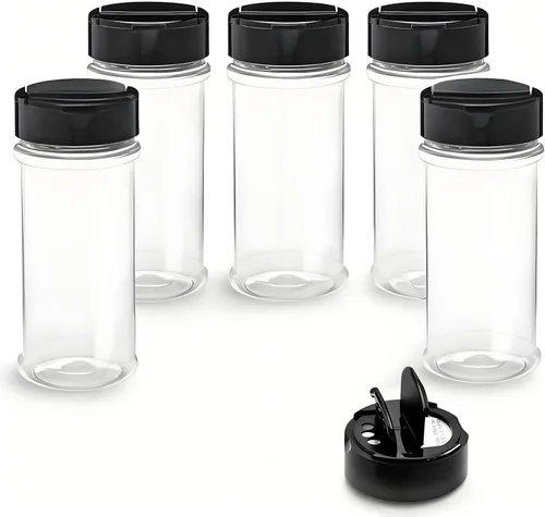 Vista 4 de Paquete de 60 tarros de especias de plástico transparente de 3.5 onzas con tapas negras, recipientes de condimentos de plástico, frascos de especias
