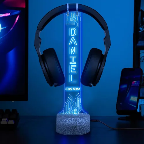 Vista 17 de NAZENTI Soporte LED personalizado para auriculares con diseño de marcador, soporte de escritorio para auriculares iluminado para hombres novio