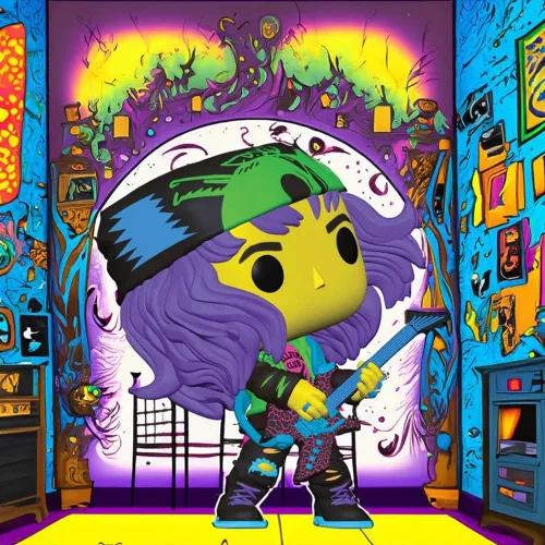 Vista 3 de Funko Pop! Stranger Things Eddie con guitarra, figura de vinilo con luz negra #1462 - Exclusiva de Entertainment Earth