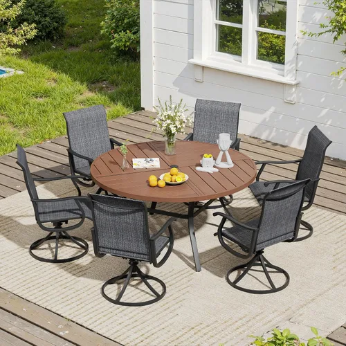 Vista 38 de VICLLAX Muebles pequeños de exterior de 3 piezas, 2 sillas giratorias de patio y mesa redonda pequeña para 2, sillas de carbón oscuro y negro