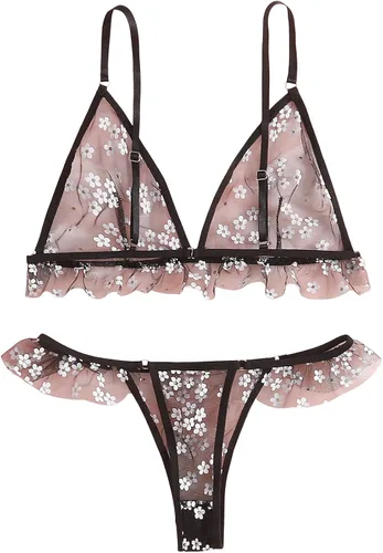 Vista 2 de Verdusa Conjunto de lencería de malla floral de 2 piezas para mujer