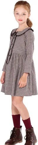 Vista 3 de SOLOCOTE Vestido a cuadros para niñas, de algodón, casual, de primavera, manga larga, cuello Peter Pan, 3-14 años