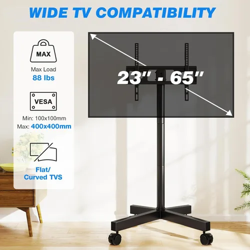 Vista 2 de Rfiver - Carrito de TV móvil con ruedas para pantallas de 23 a 65 pulgadas, soporte de TV portátil con ruedas con inclinación y altura ajustable
