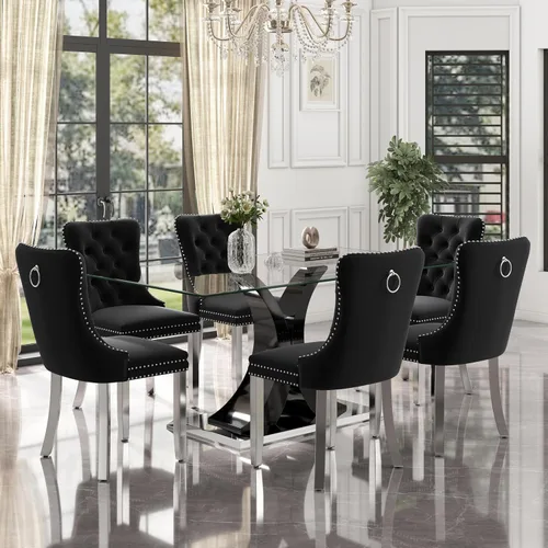 Vista 31 de Juego de comedor de cristal moderno de lujo de 7 piezas, juego de cena rectangular minimalista grande para 6, mesa de cocina de cristal transparente