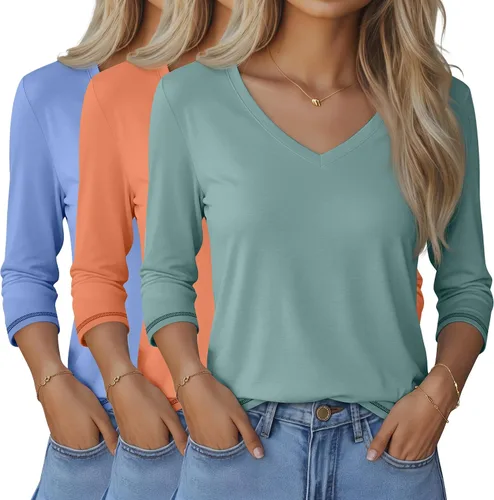 Vista 44 de Ficerd Paquete de 3 camisetas de manga 3/4 para mujer, cuello en V, blusas holgadas, blusas casuales, ropa de moda 2026
