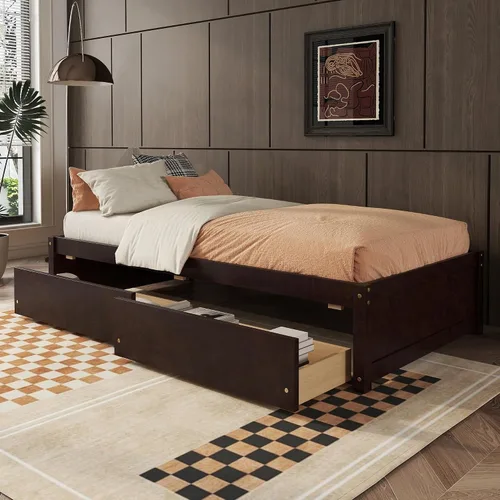 Vista 11 de HomSof Cama individual con 2 cajones, madera maciza, no necesita somier, gris