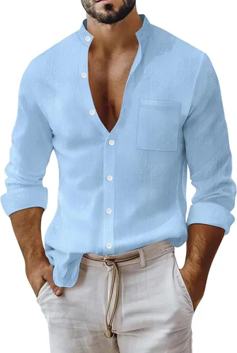 Vista 15 de Camisa de lino de algodón para hombre, manga larga con botones, cuello alto con bandas para playa y verano