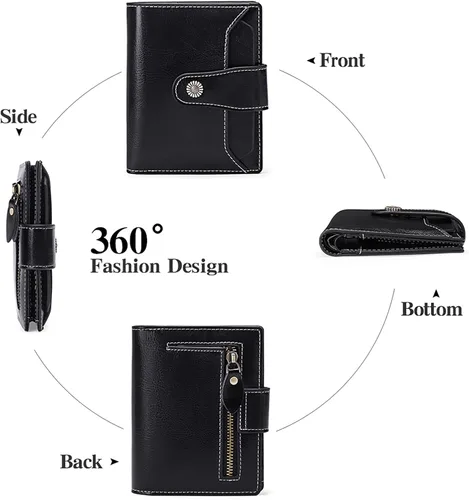 Vista 4 de FALAN MULE - Cartera de cuero auténtico para mujer, pequeña plegable , compacta, con interferencia de radiofrecuencia (RFID)