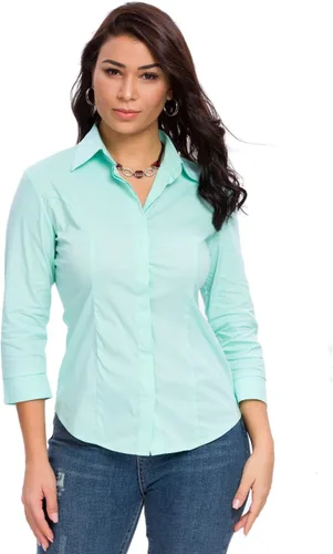 Vista 9 de Camisas con botones para mujer, oficial, formal, manga 3/4, color blanco, elástica, camisa de vestir de verano