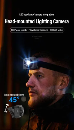 Vista 8 de Cámara montada en la cabeza, faro LED, cámara de acción HD 1080P, grabación de video portátil, almacenamiento interno de 64 GB, adecuada