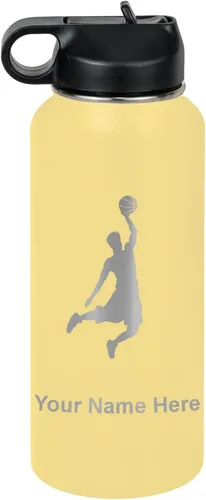 Vista 59 de LaserGram Botella de Agua Personalizada, Basketball Slam Dunk Man, Acero Inoxidable de Doble Pared con Aislamiento al Vacío con Pajita Abatible