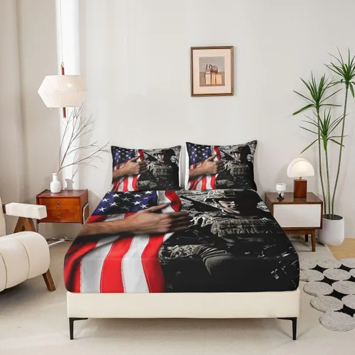 Vista 5 de Juego de ropa de cama de bandera estadounidense tamaño individual para niños, adolescentes y hombres, retro, verde militar, camuflaje, bandera