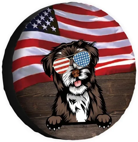 Vista 12 de Cubierta de llanta de repuesto para perro, lapphund finlandés con gafas de sol, bandera estadounidense, fundas protectoras de ruedas a prueba