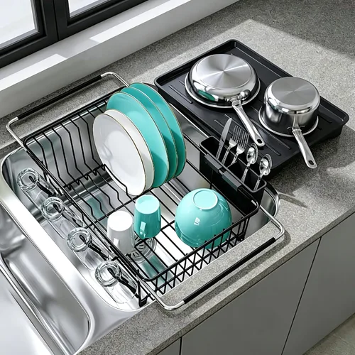 Vista 20 de Apartment RV Small Dish Drainer Drying Rack Over The Sink In Stainless Steel for Narrow Kitchen, Counter Space Saving Compact Expandable Metal Plate