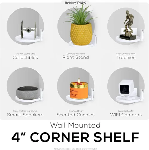 Vista 6 de BRAINWAVZ Estante flotante pequeño de 4 pulgadas, adhesivo y atornillado, para altavoces Bluetooth, cámaras, plantas, juguetes, libros y más, Blanco