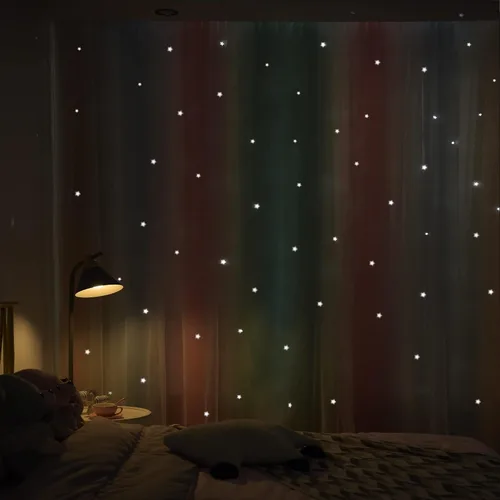 Vista 4 de Cortinas opacas con recorte de estrellas y arcoíris para guardería/habitación de niños/niñas, con superposición de tul, 2 paneles, cada una de 52
