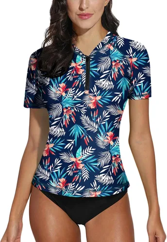 Vista 24 de BesserBay Camiseta de natación de manga corta con cremallera UPF 50+ para mujer, de secado rápido