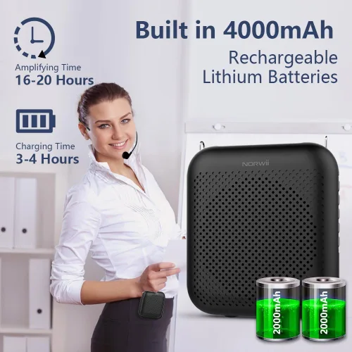 Vista 7 de Norwii Micrófono inalámbrico con amplificador de voz, 4000 mAh, portátil, recargable, Bluetooth, mini altavoz personal con 2 micrófonos de diadema