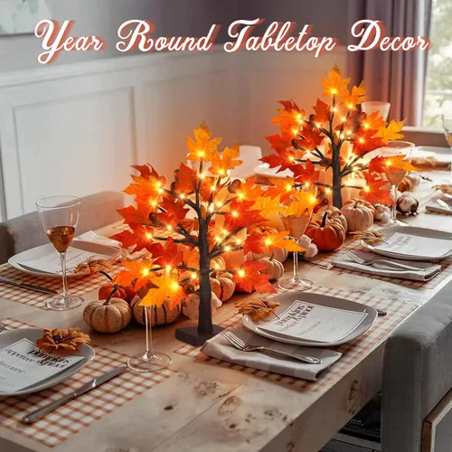 Vista 2 de Árbol de arce de otoño iluminado de 1.5 pies, lámpara de mesa de Acción de Gracias con 36 luces LED, hojas de arce, 6 bellotas, función