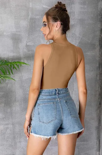 Vista 4 de MANGDIUP Body básico sin mangas con cuello redondo para mujer, ajuste delgado, de algodón elástico, camiseta sin mangas con cuello halter
