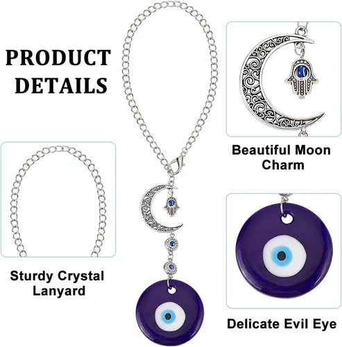 Vista 4 de Adorno colgante azul para coche con ojo malvado, dijes de cuentas con ojo malvado con adorno colgante de luna para coche, atrapasueños, regalo