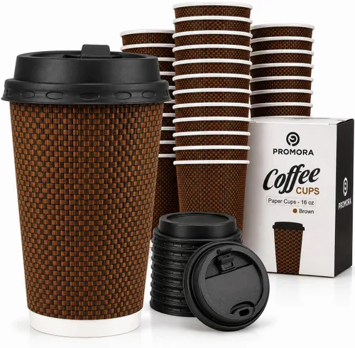 Vista 8 de Promora Tazas de café desechables marrones con tapas de 8 onzas, tazas de papel onduladas de papel aislado premium para café caliente, taza de café